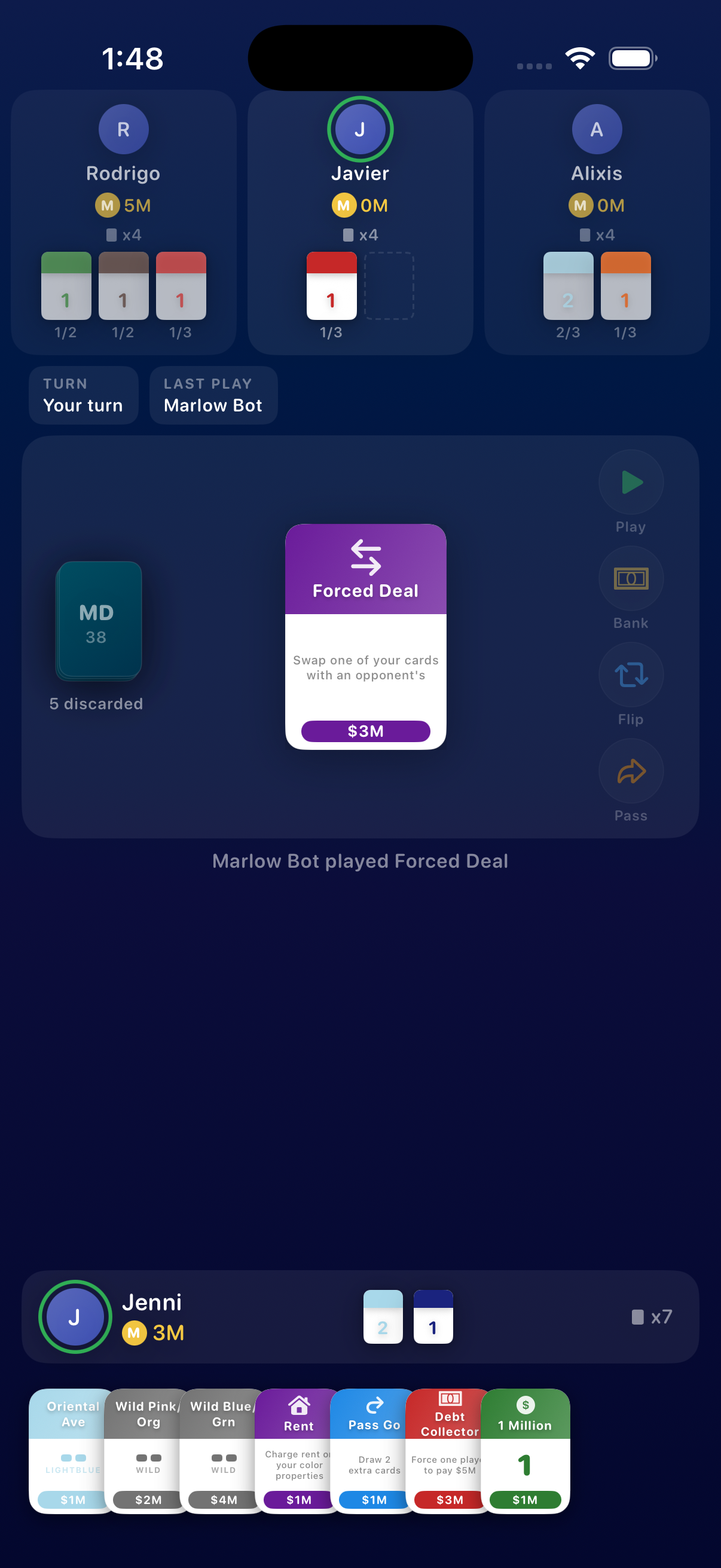 Game board with cards deployed